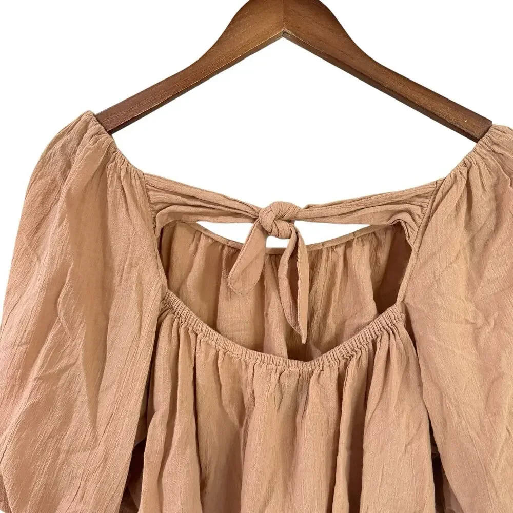 Old Navy Puff Sleeve Cutout Tie Back Swing Blouse Tan L Tall Boxy Boho Neutral